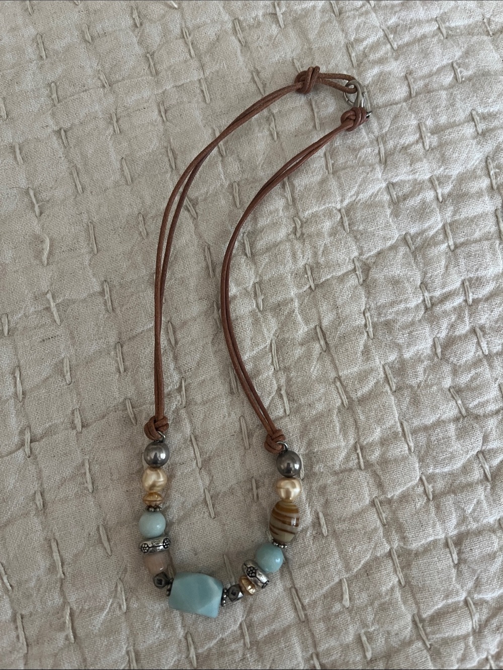Handcrafted Brown Leather Necklace with Aqua Beads
